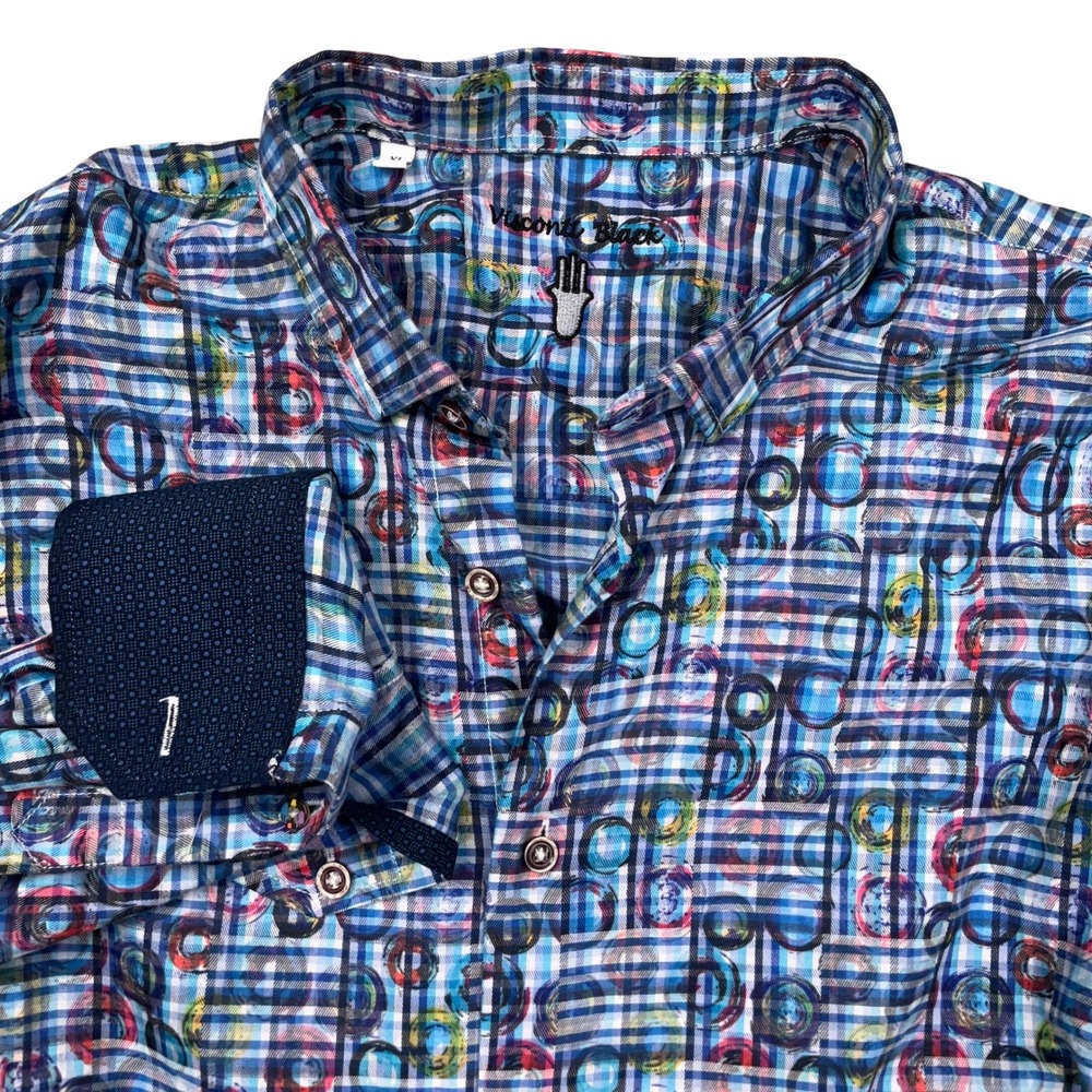 Luchiano Visconti Mens XL Blue Geometric Circle Gingham Modal Cotton Statement